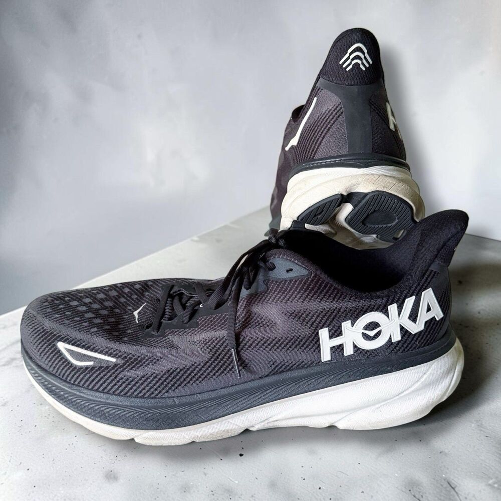 HOKA ONE ONE Running Shoes Clifton 9 Mens 15 2E Wide Black/White Sneakers Trail